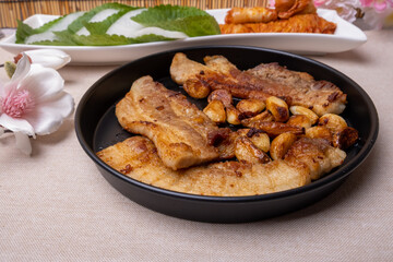 Korean food pork belly and kimchi