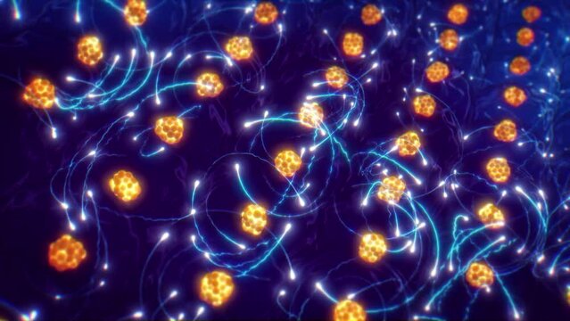 Animation of atoms and their electron clouds arranged in crystal structure. Atomic structure and quantum mechanics concept