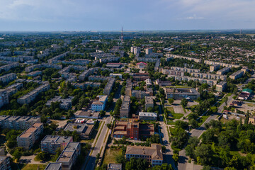 Fototapeta na wymiar View of the city of Nikopol, Ukraine from a height. Panoramic photos. Residential houses. High building. City center