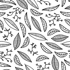 hand drawn black and white seamless pattern of leaves vector illustration