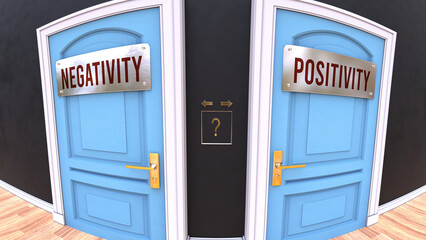 Negativity or Positivity - a choice. Two options to choose from represented by doors leading to different outcomes. Symbolizes decision to pick up either Negativity or Positivity.,3d illustration