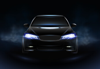 Fototapeta na wymiar 3d realistic vector icon. Black car in the darkness with clouds of dust and lights glowing.