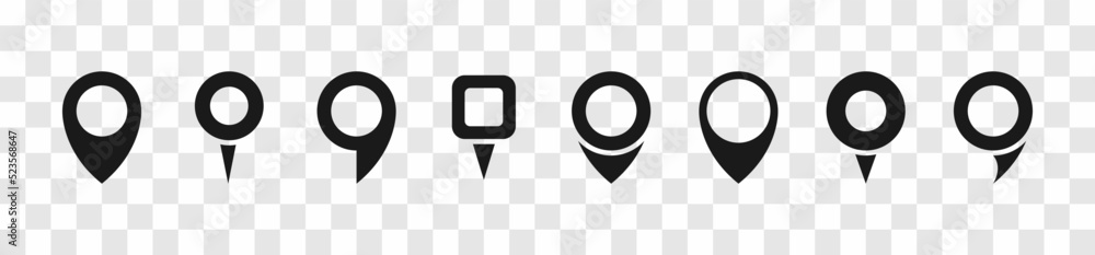 Poster set of location pointers icon. black navigation signs. map pin collection. vector illustration.