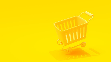 Yellow shopping cart isolated on yellow background. Minimal idea concept, 3D Render. © oatintro