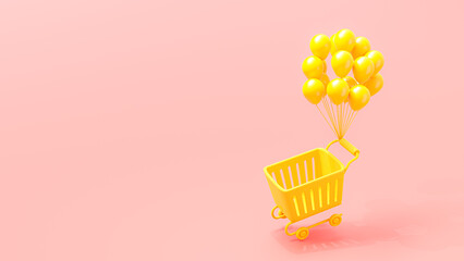 Balloon pull yellow shopping cart float up on pink background. Can be used in e-commerce banner or shop online background. Designed in pastel tones and minimal concept, 3D Render.