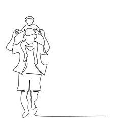Daddy walking with child in his shoulder .Son riding father’s neck is walking in single line drawing style.Vector isolate flat continue line design concept of family or Happy Father’s Day celebration.