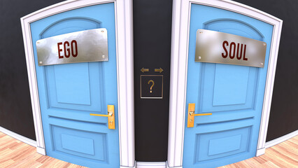 Ego or Soul - a choice. Two options to choose from represented by doors leading to different outcomes. Symbolizes decision to pick up either Ego or Soul.,3d illustration