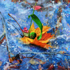 A boat made of autumn leaves floats on blue water. Digital painting with oil strokes in the style of modern impressionism.