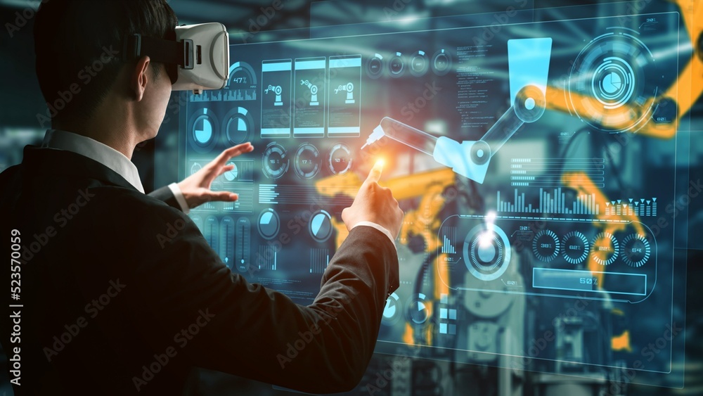 Poster engineer use cybernated robotic software to control industry robot arm in factory . automation manuf