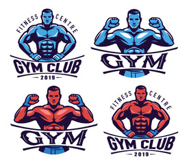 Gym, fitness logo set. Muscled man, bodybuilder emblem. Bodybuilding, sport badges vector illustration