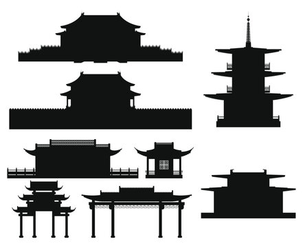 Layered editable vector illustration collection sihouette of Chinese traditional style buildings including house, pavilion, archway,palace,pagoda.