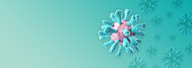 Covid-19 virus cells on blue background for sick, health care, disease treatment and prevention.