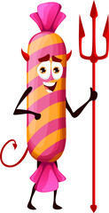 Cartoon Halloween devil candy with trident, vector
