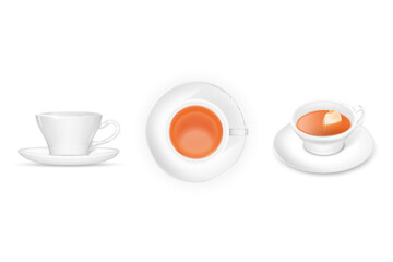 Se of realistic white porcelain ceramic tea cup side and top view, mug with black tea