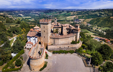 The medieval village of Vigoleno aerial view. fairy-tale castle and small charming village. Emilia...