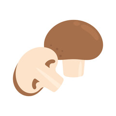 Royal brown champignons isolated on white background. Whole raw mushroom and halved. Agaricus bisporus. Vector vegetables illustration in simple flat style.