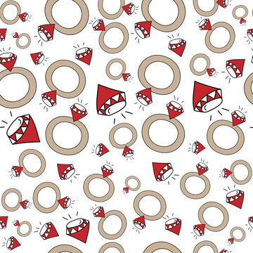 Vector. Seamless love pattern with hand drawn outline engagement ring and diamond. Sketch in cartoon style. Graphic print for postcards, invitations, textiles, packaging for Valentine's Day.
