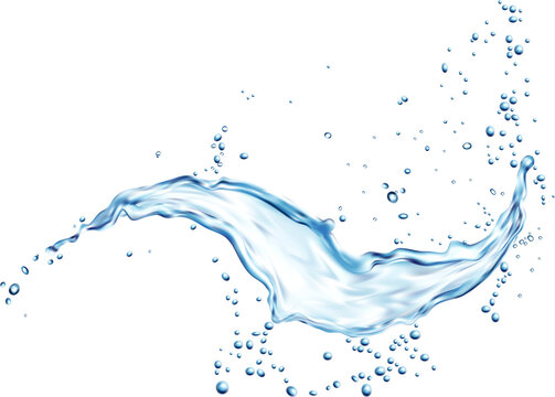 Blue water flow, realistic splash with splatters