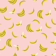 Obraz premium Seamless pattern of yellow bananas. Yummy ripe bananas on a pink background. Ingredients for smoothie, cake, cookies. Background for cafe, restaurant. Design element for textile, fabric.