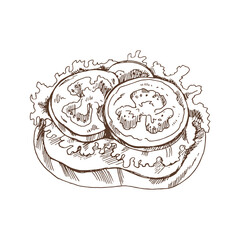 Hand drawn sketch of bruschetta with tomatoes and lettuce. Sandwich, toasted baguette, toast, slice of bread. Vector illustration. 
