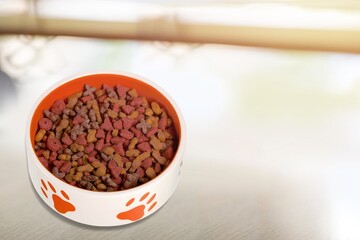 Brown kibble pieces for cat feed in a bowl. Healthy dry pet food