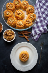 Traditional delicious Turkish food; walnut kadayif, Turkish name; kase kadayif