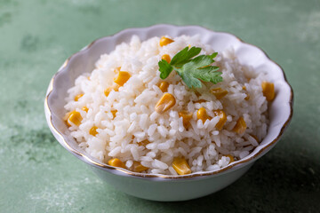 Corn rice in a rice bowl (Turkish name; misirli pilav)