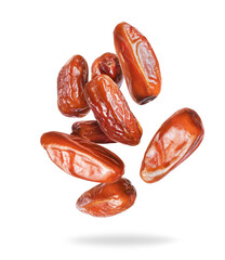 Tasty dried dates in the air closeup isolated on a white background