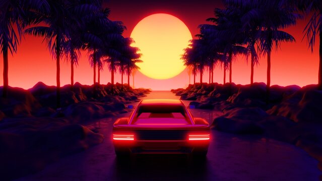 Testarossa, Palm Tree and Sunset, 80's Retrowave Background