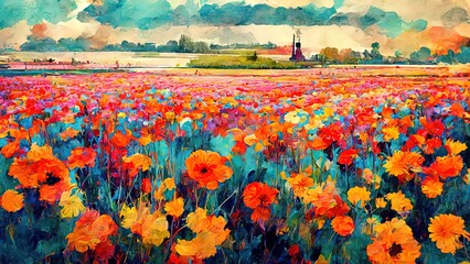 Flower fields painting. Colorful drawing of netherlands flower harvest fields. Red, green, orange watercolor. 4K Landscape, background, wallpaper.