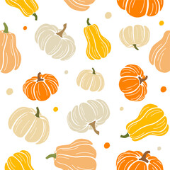 Seamless pattern of colorful pumpkins and spots. Vector illustration in a flat style on a white background.