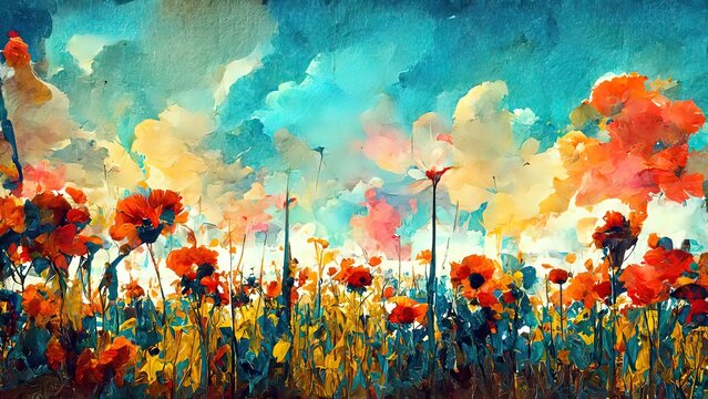 Painting of colorful flowers. 4k background illustration. Blue sky. Watercolor, acrylic drawing. Green, red and orange colors.