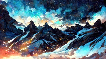 Tuinposter Painting, mountains night sky. Surreal colorful digital art of swiss alps, at night with stars, clouds and snow. 4k Wallpaper. Shooting stars. Painted background. © Fortis Design