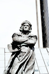 Black and white image of Christoph Columbus statue in Bremerhaven, Germany