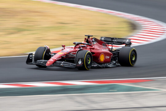 2022 Formula 1 Car at the Hungarian Grand Prix Race - Ferrari - Charles LeClerc- Race Day - Tight - Motion Blur