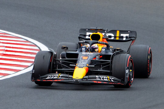 2022 Formula 1 Car at the Hungarian Grand Prix Race - Red Bull - Max Verstappen - Race Day - Cornering - Tight