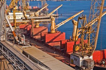 Fototapeta na wymiar Loading grain into holds of sea cargo vessel in seaport from grain storage.
