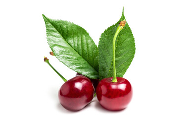 Cherry isolated. Sour cherry. Cherries with leaves on white background. Sour cherries on white