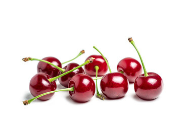 Obraz na płótnie Canvas Cherry isolated. Cherries on white background. Sour cherry on white. Full depth of field.