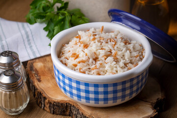 Traditional delicious Turkish food; Turkish style rice pilaf (Turkish name; Arpa sehriyeli pirinc pilavi)