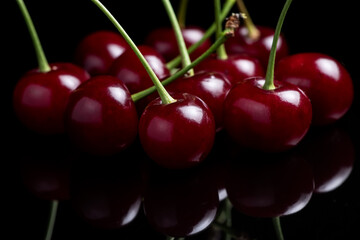 Red ripe fresh cherries in drops of water close up. Cherry background. Berry pattern and texture. Food background.