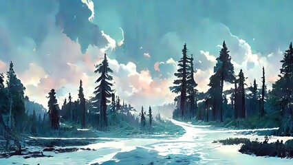 Digital painting, winter in the forest illustration. 4K wallpaper of national park. Background with trees, water, lake,  snow, mountains and clouds. Colorful blue landscape.
