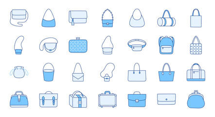 Women bags illustration including icons - purse, handbag, fashion clutch, business briefcase, backpack, leather suitcase, shopper. Thin line art about clothes accessory. Blue Color, Editable Stroke
