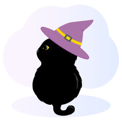 Black cat in witch hat. Kitten with big yellow eyes in wizard headwear. Illustration be used for topics animal, Halloween or magic