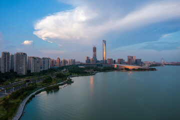 Fototapeta na wymiar Aerial view of city skyline and modern buildings scenery in Suzhou at sunset, China.