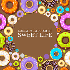 donuts. decorative pattern with glazy pastries donuts in circle forms. Vector abstract background in cartoon style © alex_cardo