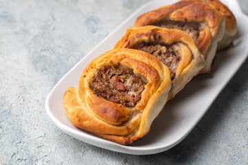 Traditional delicious Turkish foods; Kaytaz pastry with minced meat of Turkey Hatay - Antakya region (Turkish name; Kaytaz boregi)