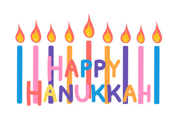 Fototapeta na wymiar Happy Hanukkah celebration card Colorful candles with flame and text isolated on white background Vector illustration in flat cartoon style for poster, greeting card, stickers