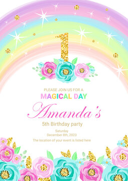 Birthday party invitation with glitter number one and flowers. Template vector illustration on pink background. Release clipping mask for full size objects.
