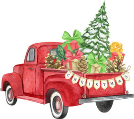 Christmas retro truck with Christmas tree, gifts and other decorations. Watercolor holiday illustration. Perfect for your Christmas and New Year project, invitations, greeting cards, wallpapers